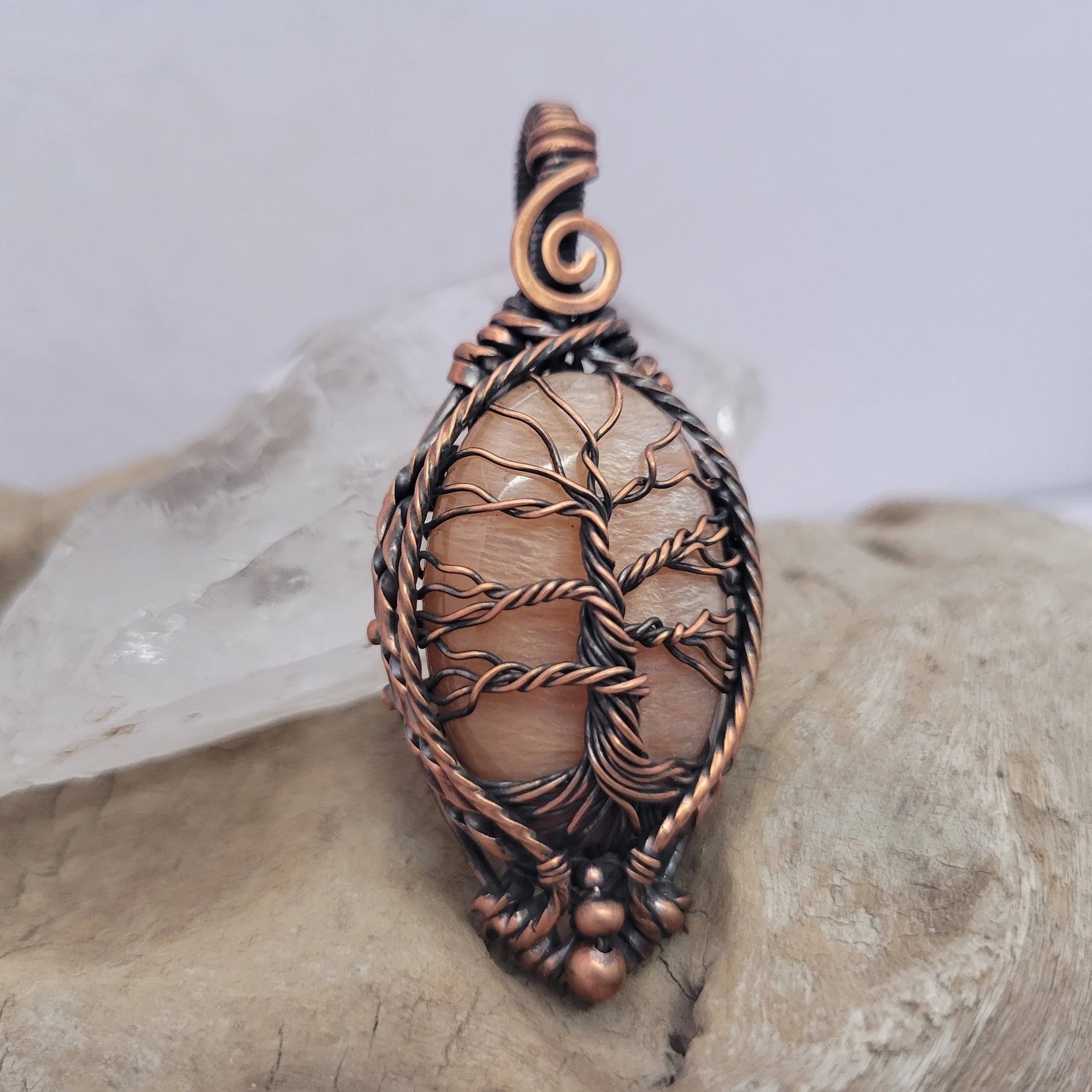 Handcrafted Peach Amazonite Copper Tree of Life Pendant Necklace — side view