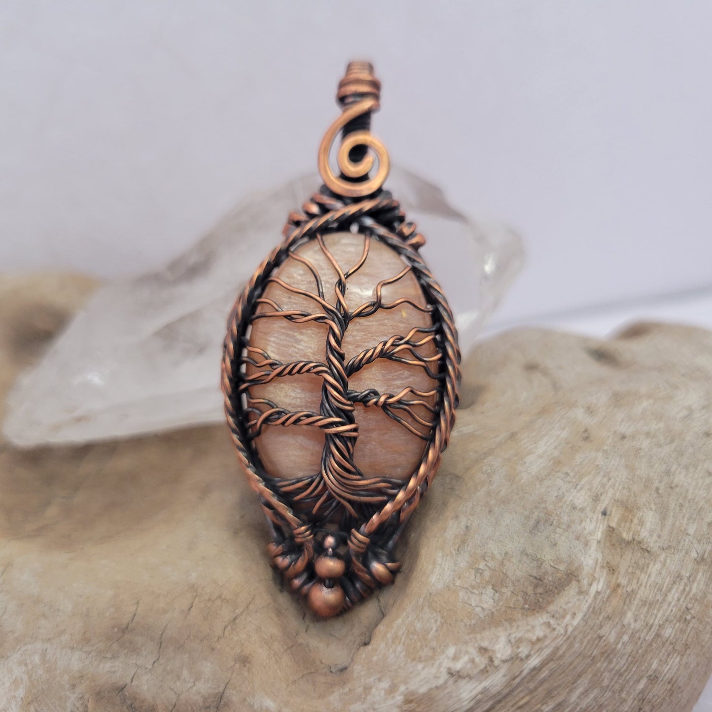 Handcrafted Peach Amazonite Copper Tree of Life Pendant Necklace — close-up
