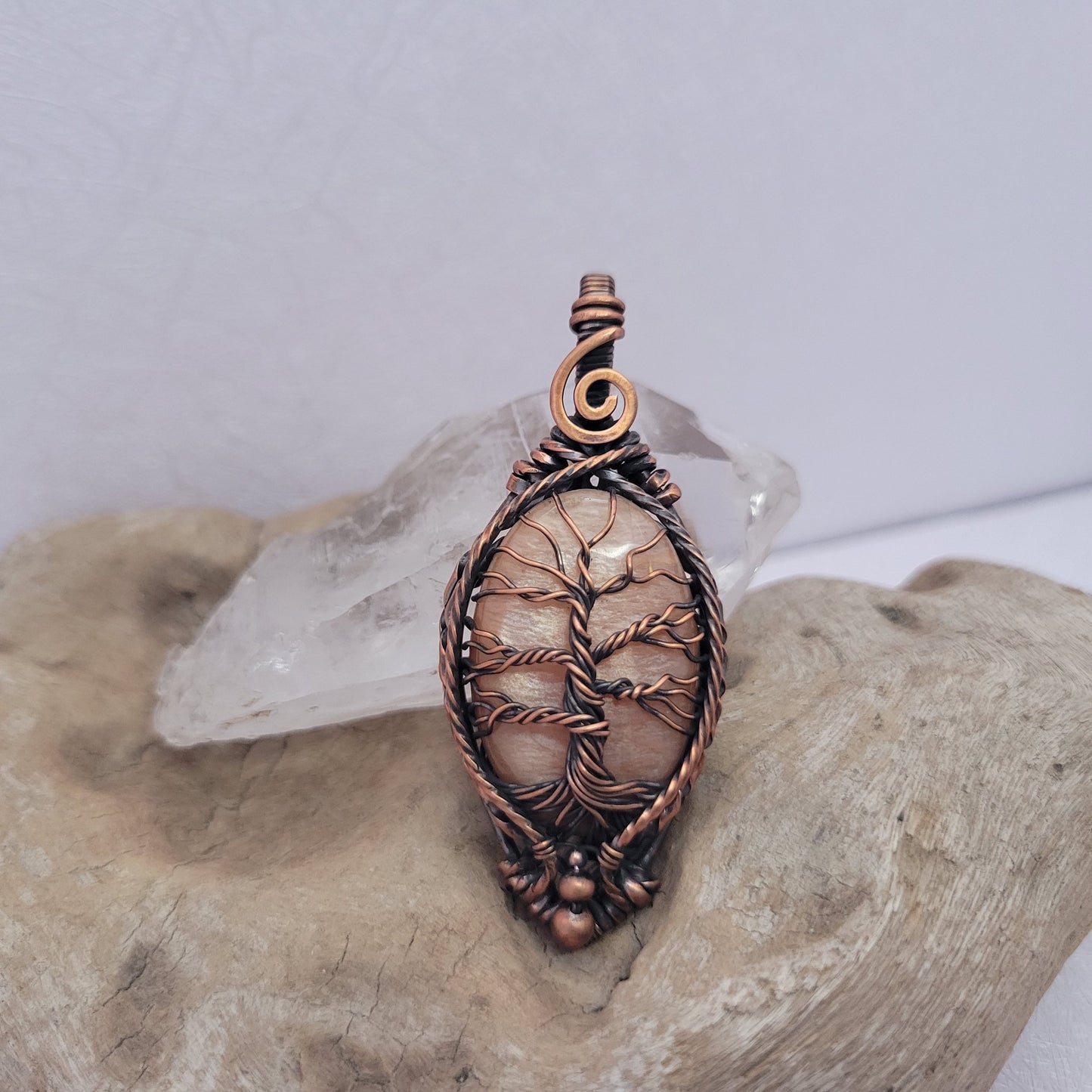 Handcrafted Peach Amazonite Copper Tree of Life Pendant Necklace — reverse view