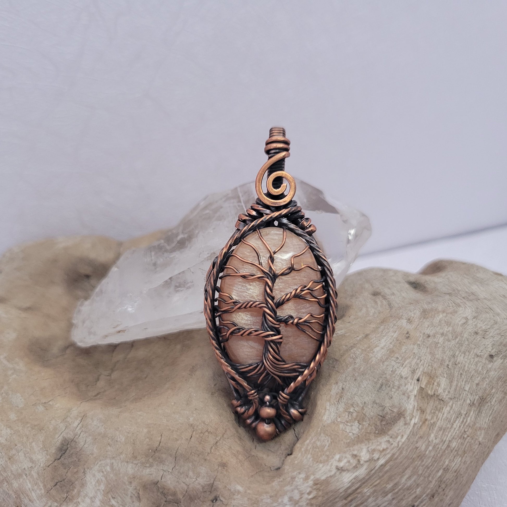 Handcrafted Peach Amazonite Copper Tree of Life Pendant Necklace — reverse view