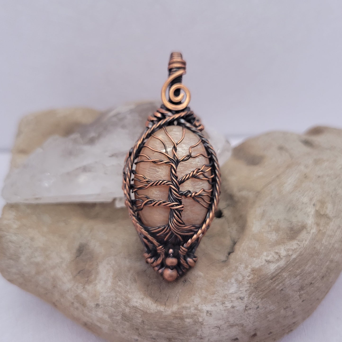 Handcrafted Peach Amazonite Copper Tree of Life Pendant Necklace — detail view