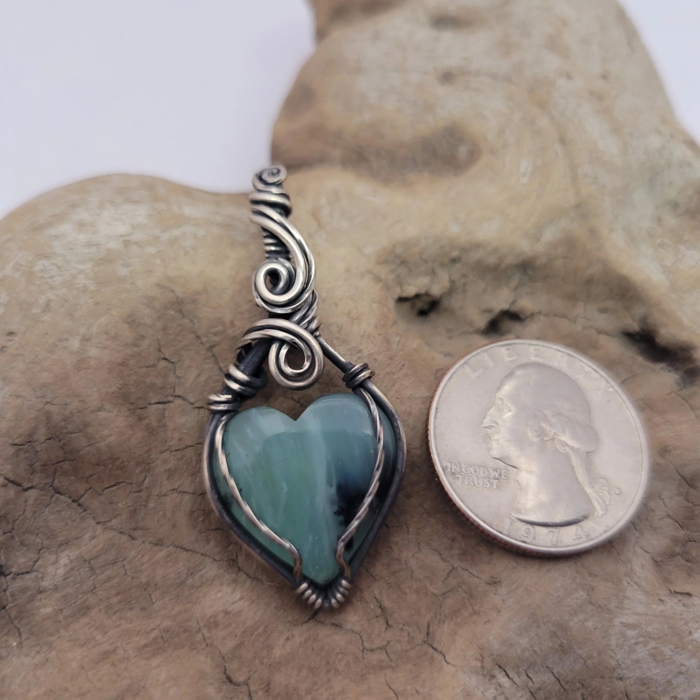 Handcrafted Blue Peruvian Opal and Blue Opal Sterling Silver Heart Pendant Necklace — product image 10