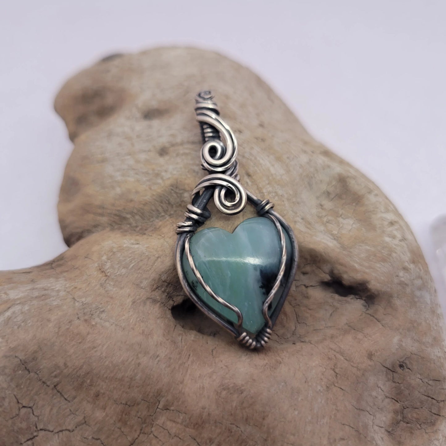 Handcrafted Blue Peruvian Opal and Blue Opal Sterling Silver Heart Pendant Necklace — detail view
