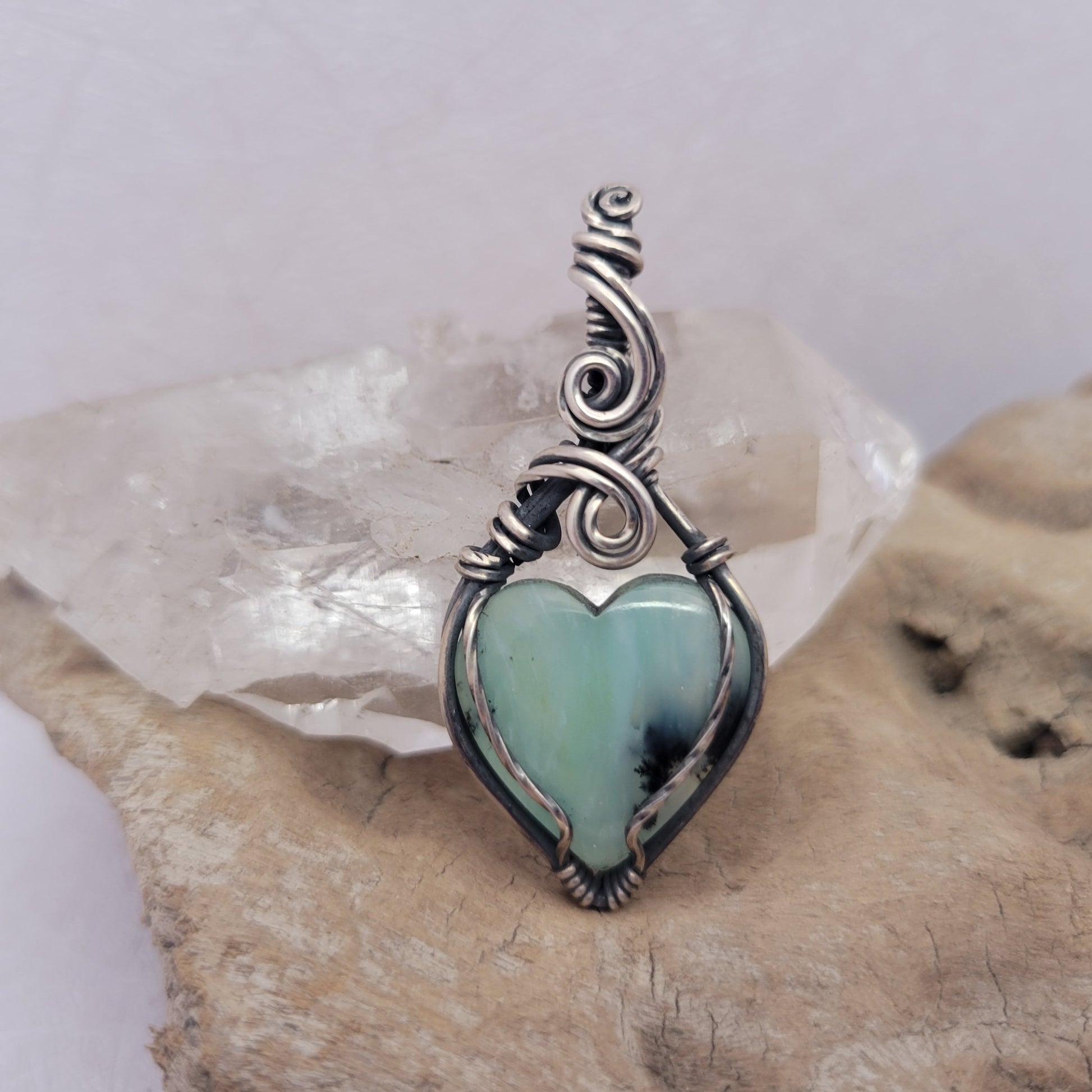 Handcrafted Blue Peruvian Opal and Blue Opal Sterling Silver Heart Pendant Necklace — side view