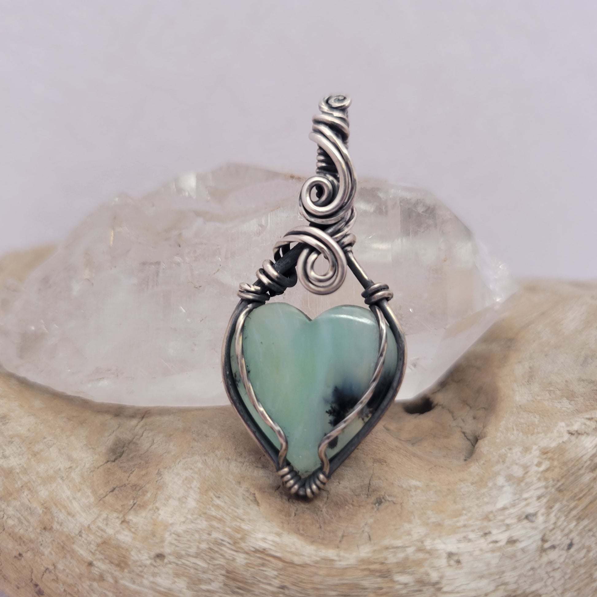 Handcrafted Blue Peruvian Opal and Blue Opal Sterling Silver Heart Pendant Necklace — close-up