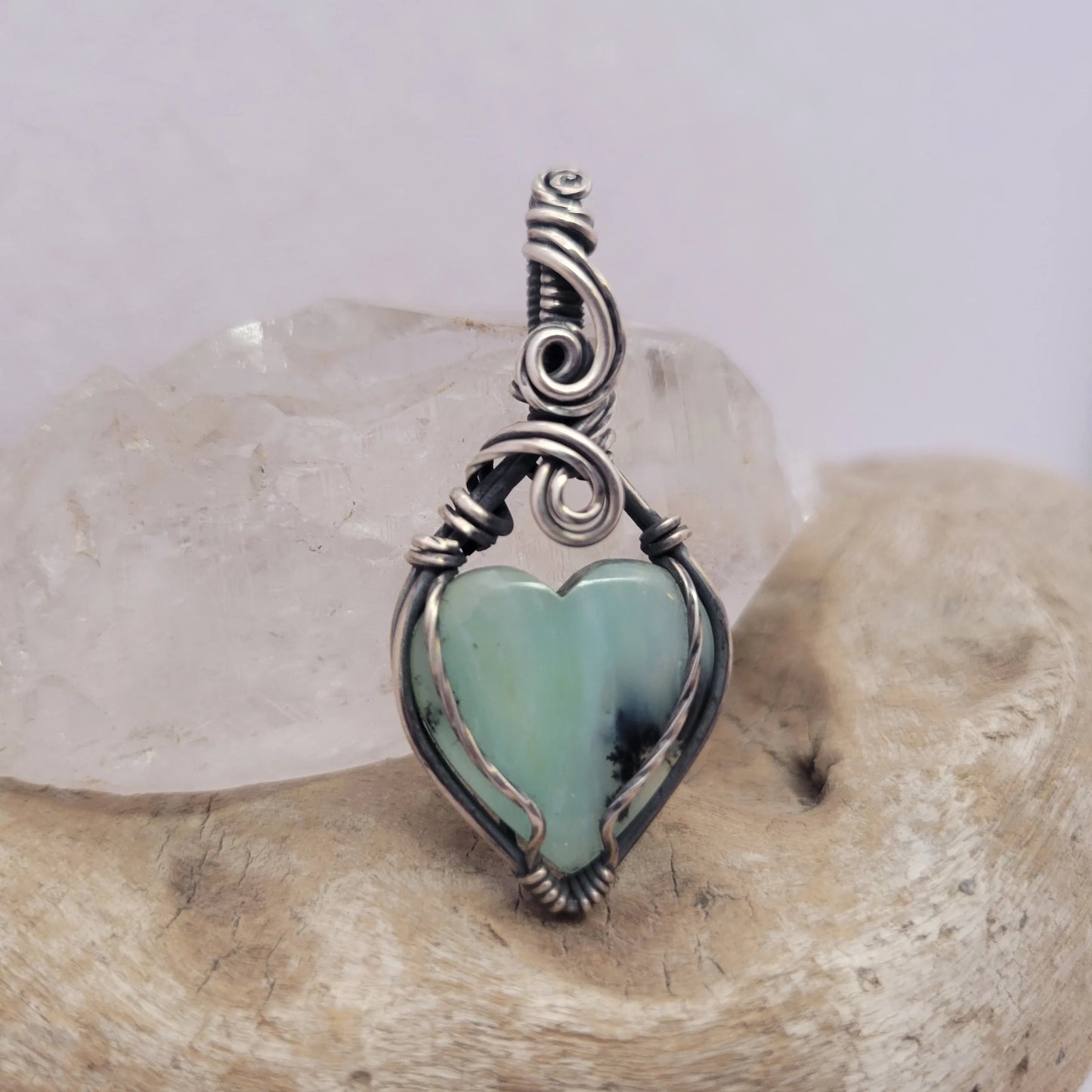 Handcrafted Blue Peruvian Opal and Blue Opal Sterling Silver Heart Pendant Necklace — reverse view