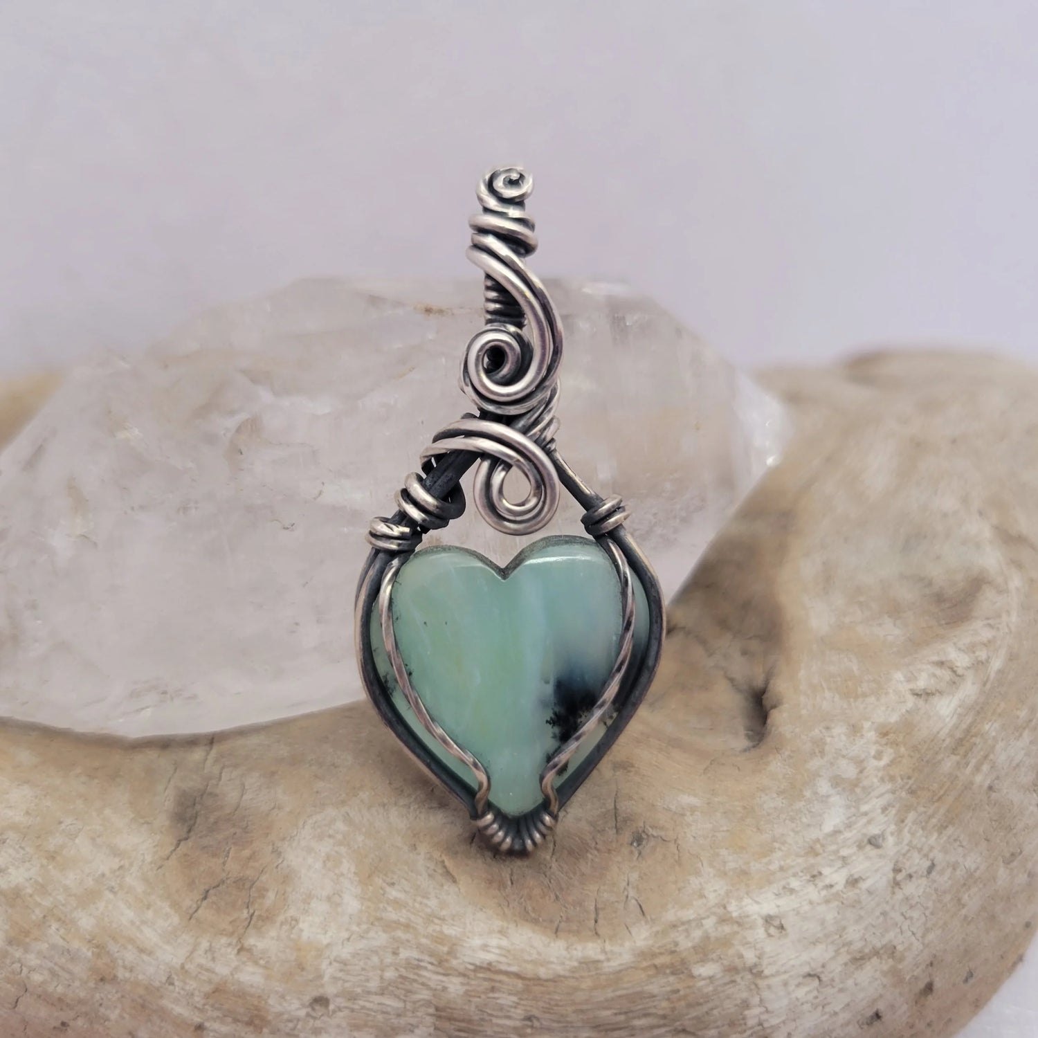 Handcrafted Blue Peruvian Opal and Blue Opal Sterling Silver Heart Pendant Necklace — front view