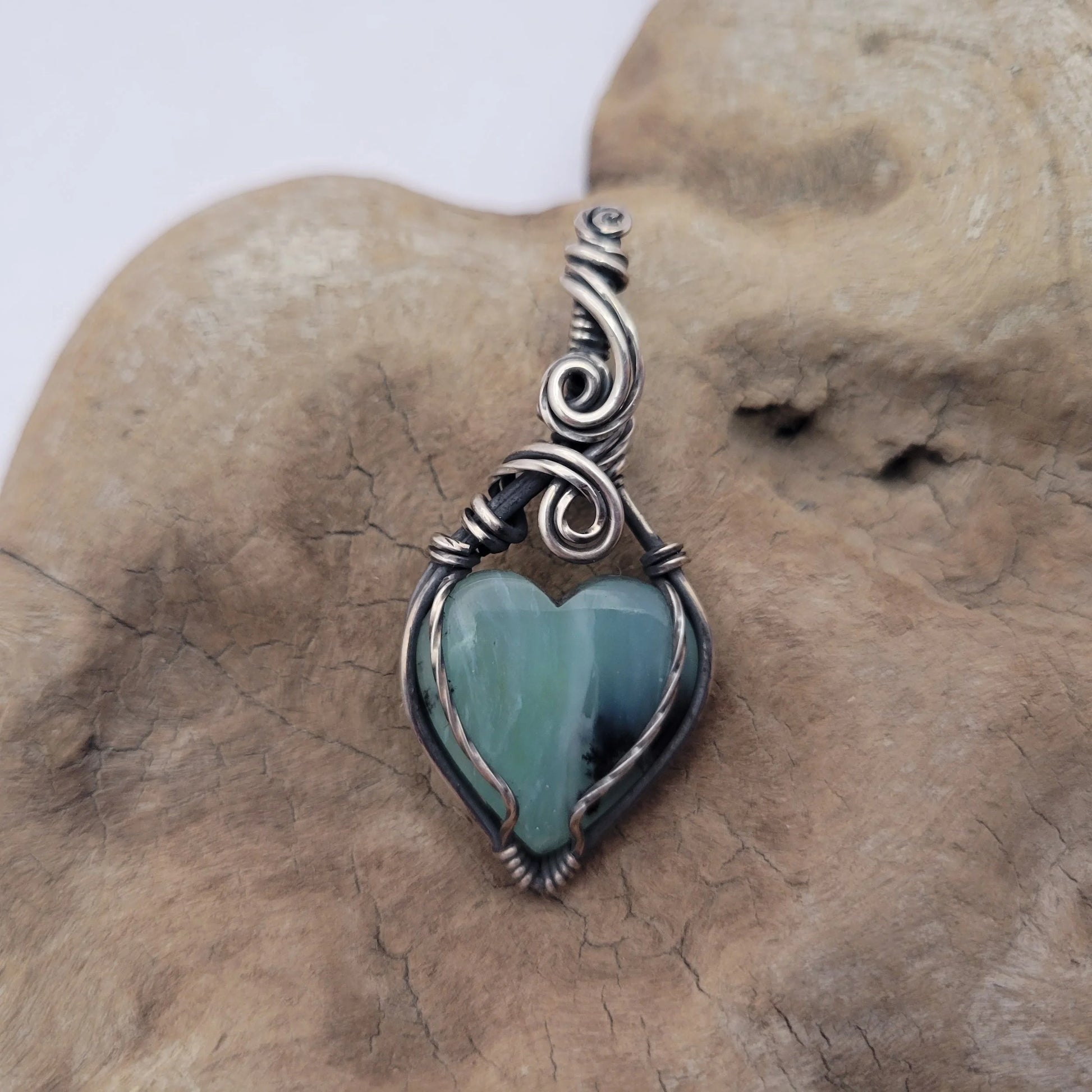 Handcrafted Blue Peruvian Opal and Blue Opal Sterling Silver Heart Pendant Necklace — product image 8