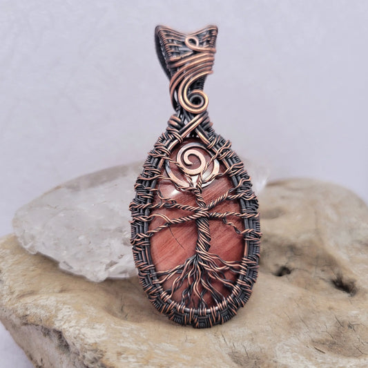 Handcrafted Red Jasper Copper Tree of Life Pendant Necklace — front view