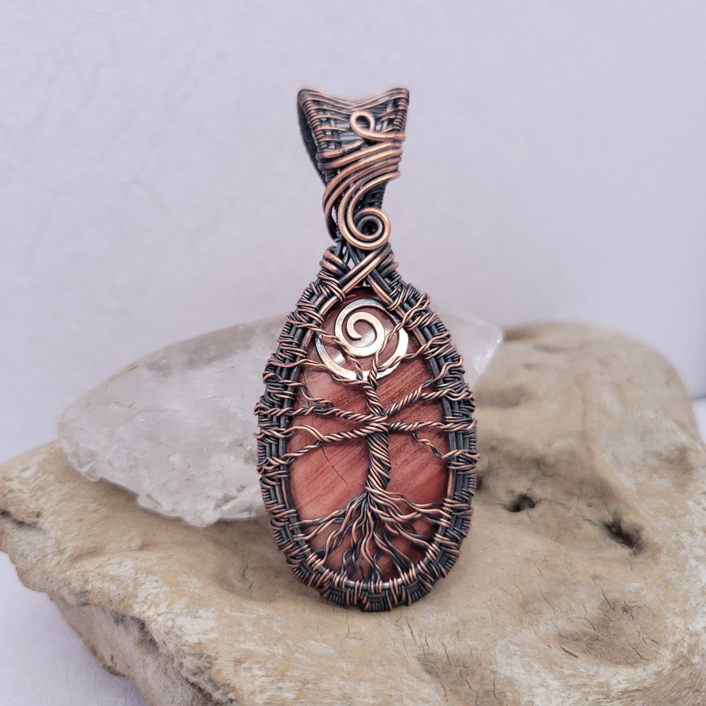 Handcrafted Red Jasper Copper Tree of Life Pendant Necklace — detail view