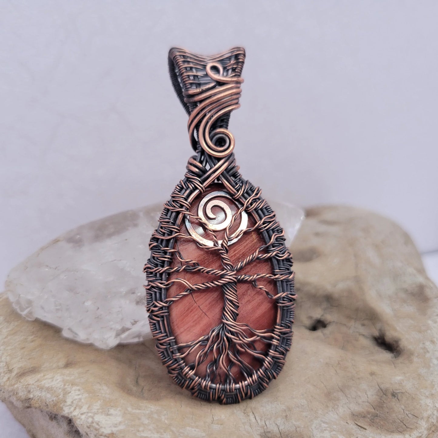 Handcrafted Red Jasper Copper Tree of Life Pendant Necklace — close-up