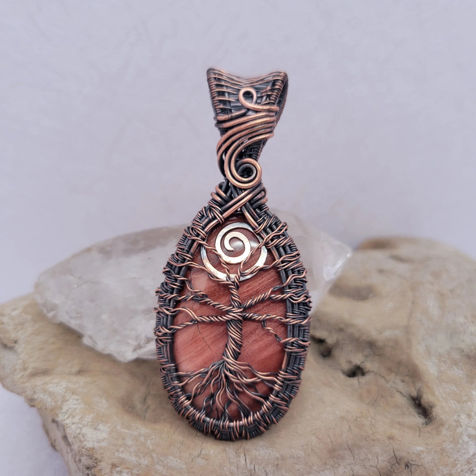 Handcrafted Red Jasper Copper Tree of Life Pendant Necklace — reverse view