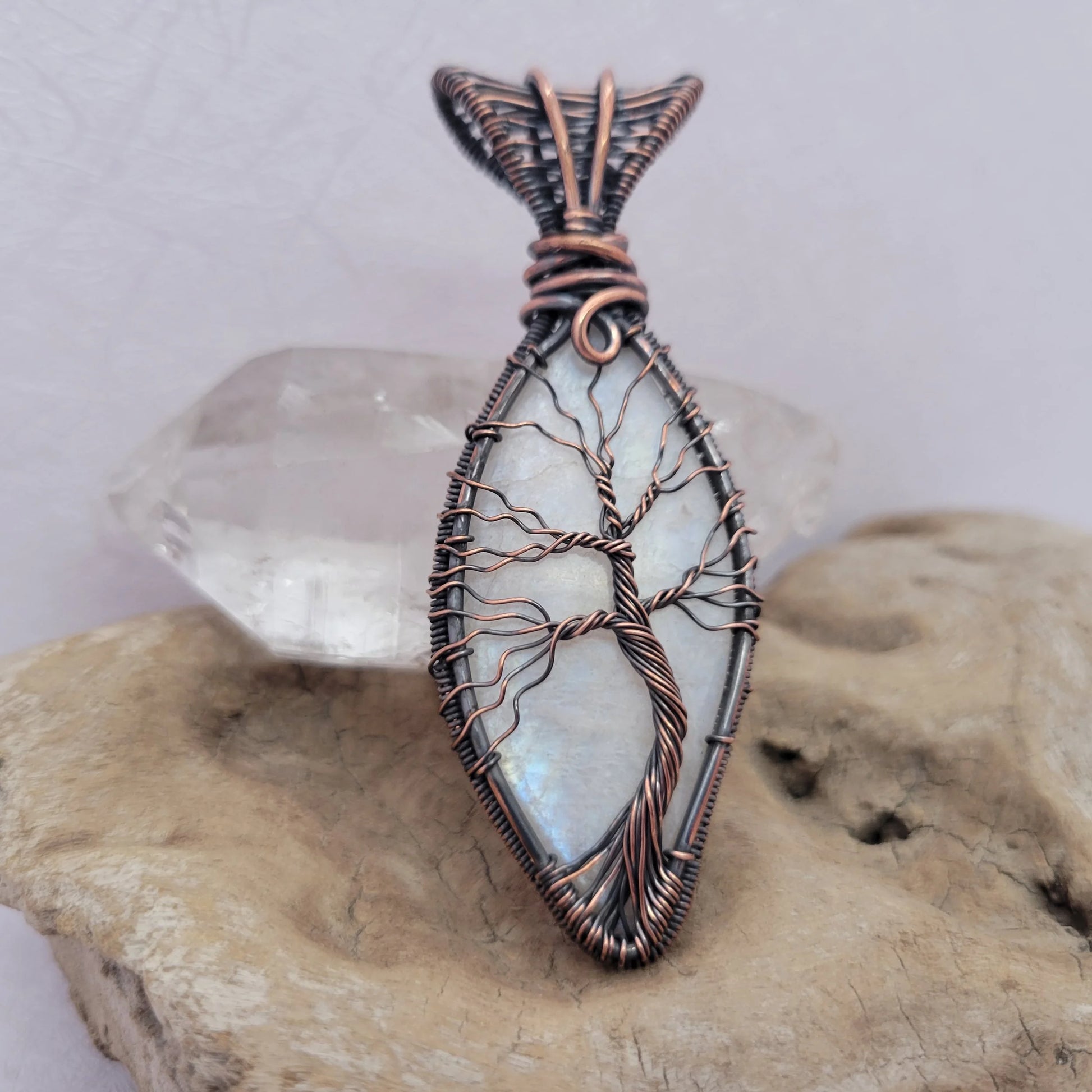Handcrafted Rainbow Moonstone and Moonstone Copper Tree of Life Pendant Necklace — detail view