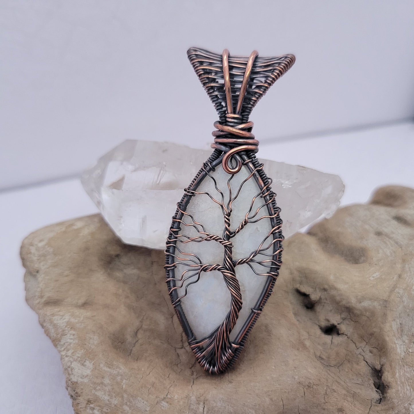 Handcrafted Rainbow Moonstone and Moonstone Copper Tree of Life Pendant Necklace — side view