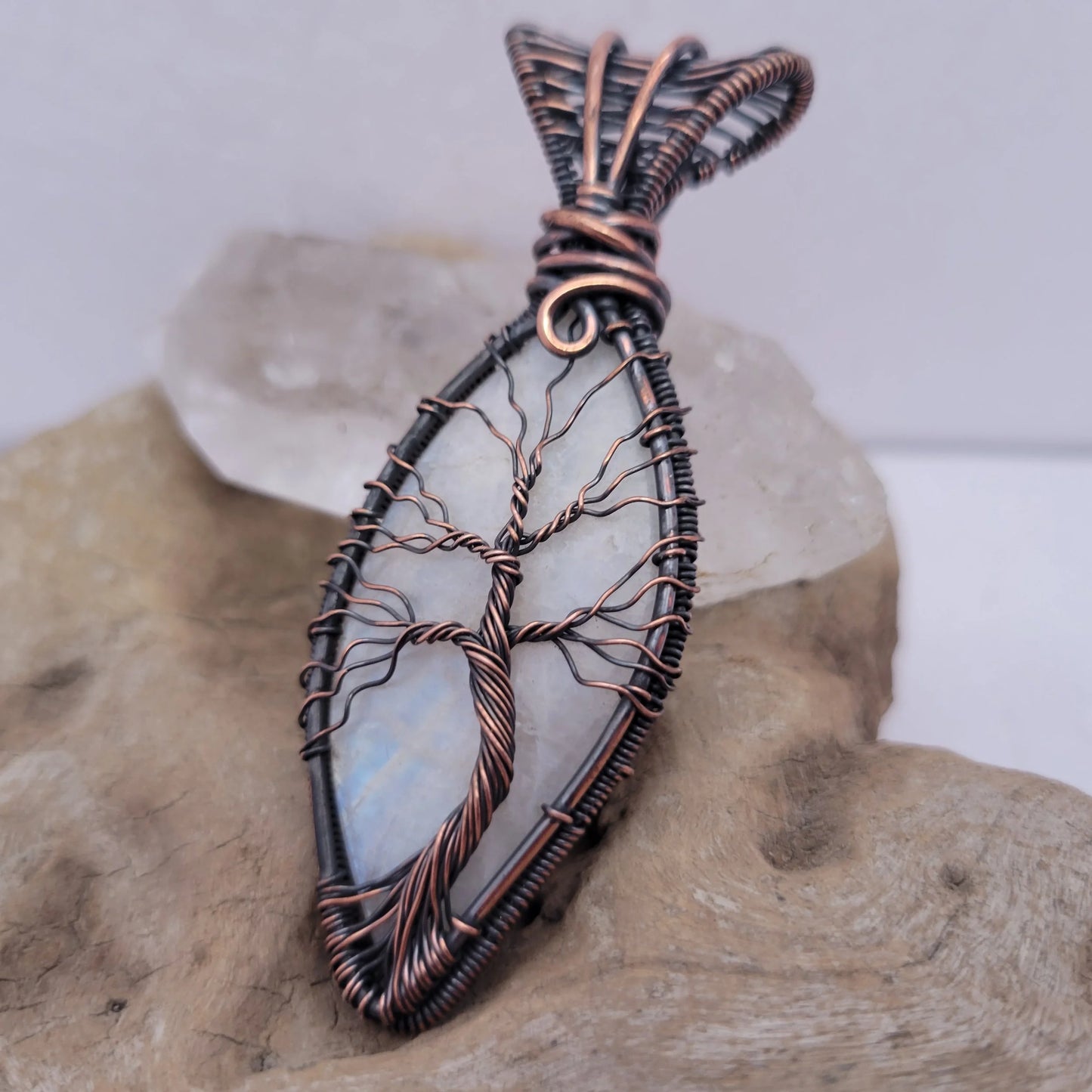 Handcrafted Rainbow Moonstone and Moonstone Copper Tree of Life Pendant Necklace — close-up