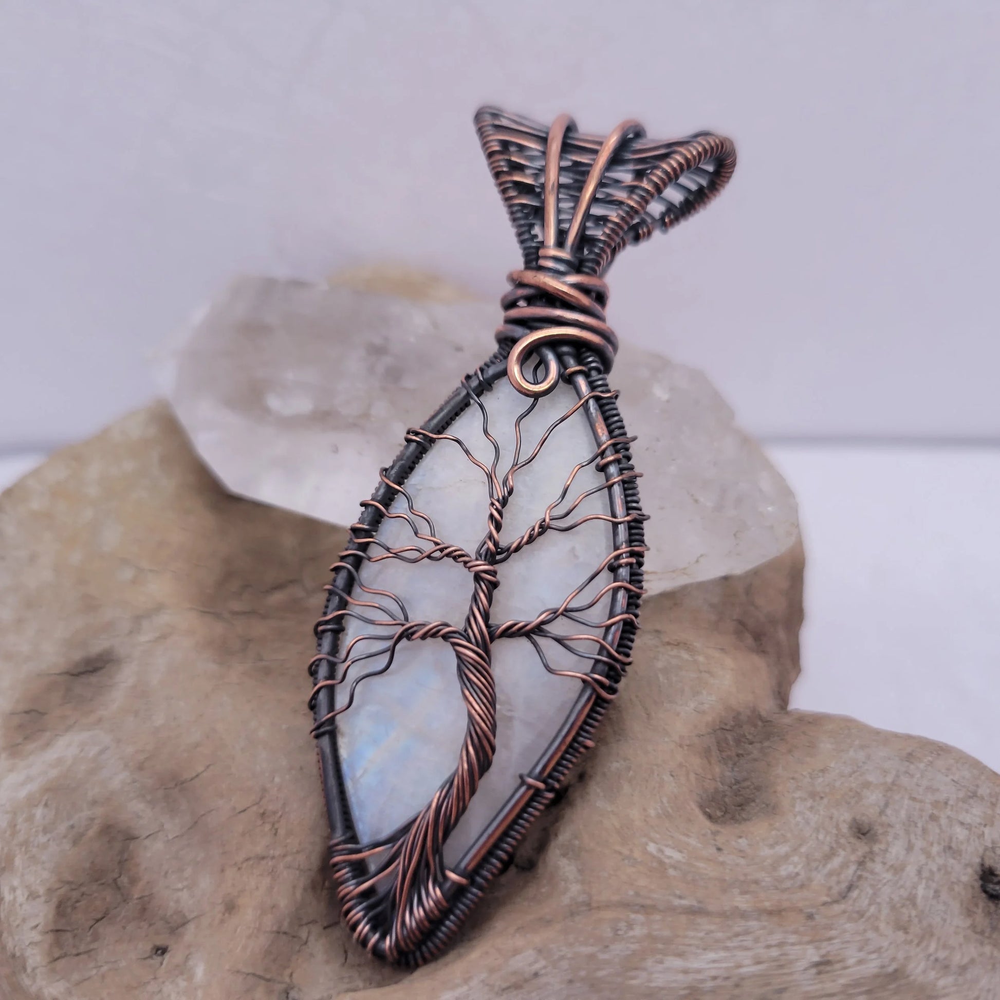 Handcrafted Rainbow Moonstone and Moonstone Copper Tree of Life Pendant Necklace — reverse view