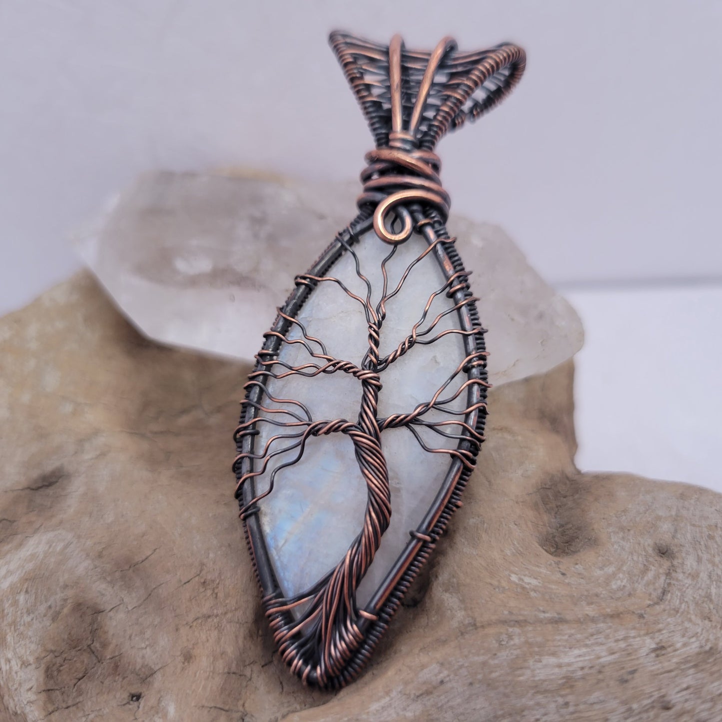 Handcrafted Rainbow Moonstone and Moonstone Copper Tree of Life Pendant Necklace — product image 6