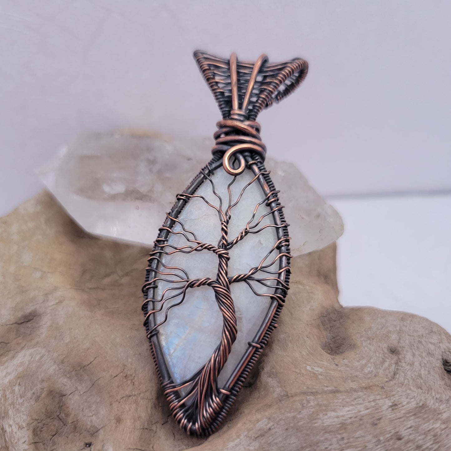 Handcrafted Rainbow Moonstone and Moonstone Copper Tree of Life Pendant Necklace — product image 7