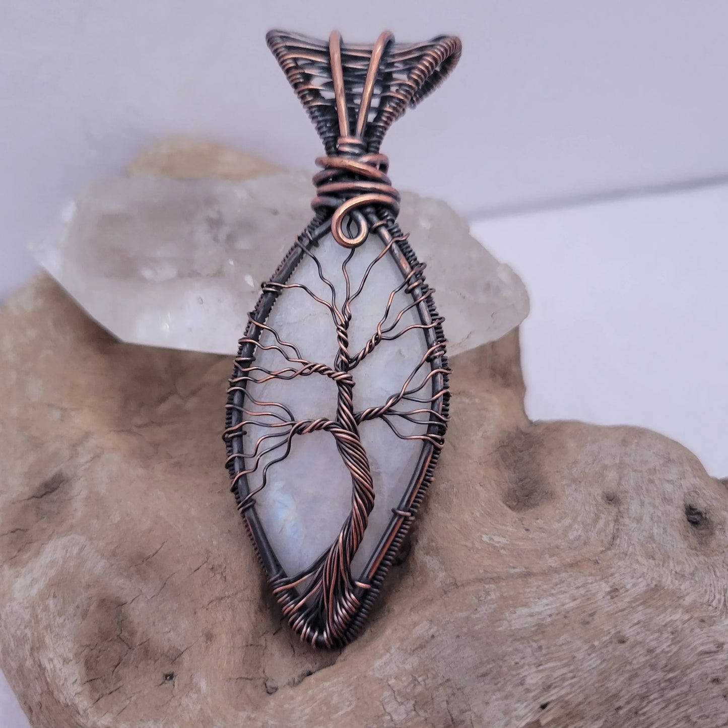 Handcrafted Rainbow Moonstone and Moonstone Copper Tree of Life Pendant Necklace — front view