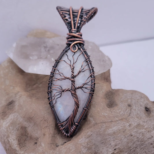 Handcrafted Rainbow Moonstone and Moonstone Copper Tree of Life Pendant Necklace — front view
