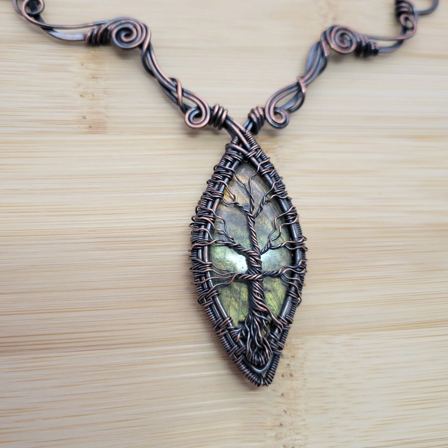 Handcrafted Labradorite Copper Tree of Life Pendant Necklace — front view