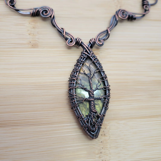 Handcrafted Labradorite Copper Tree of Life Pendant Necklace — front view