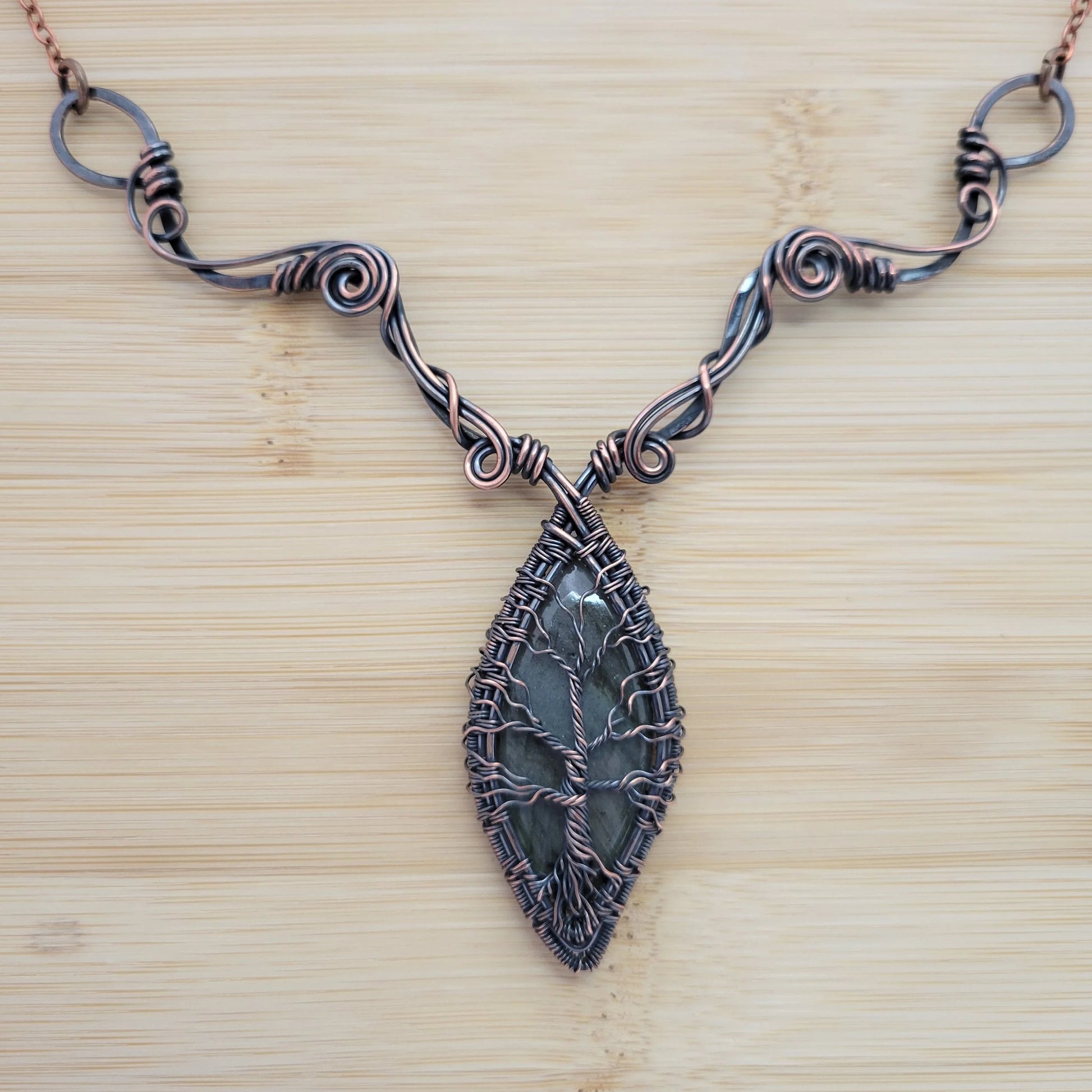 Handcrafted Labradorite Copper Tree of Life Pendant Necklace — close-up