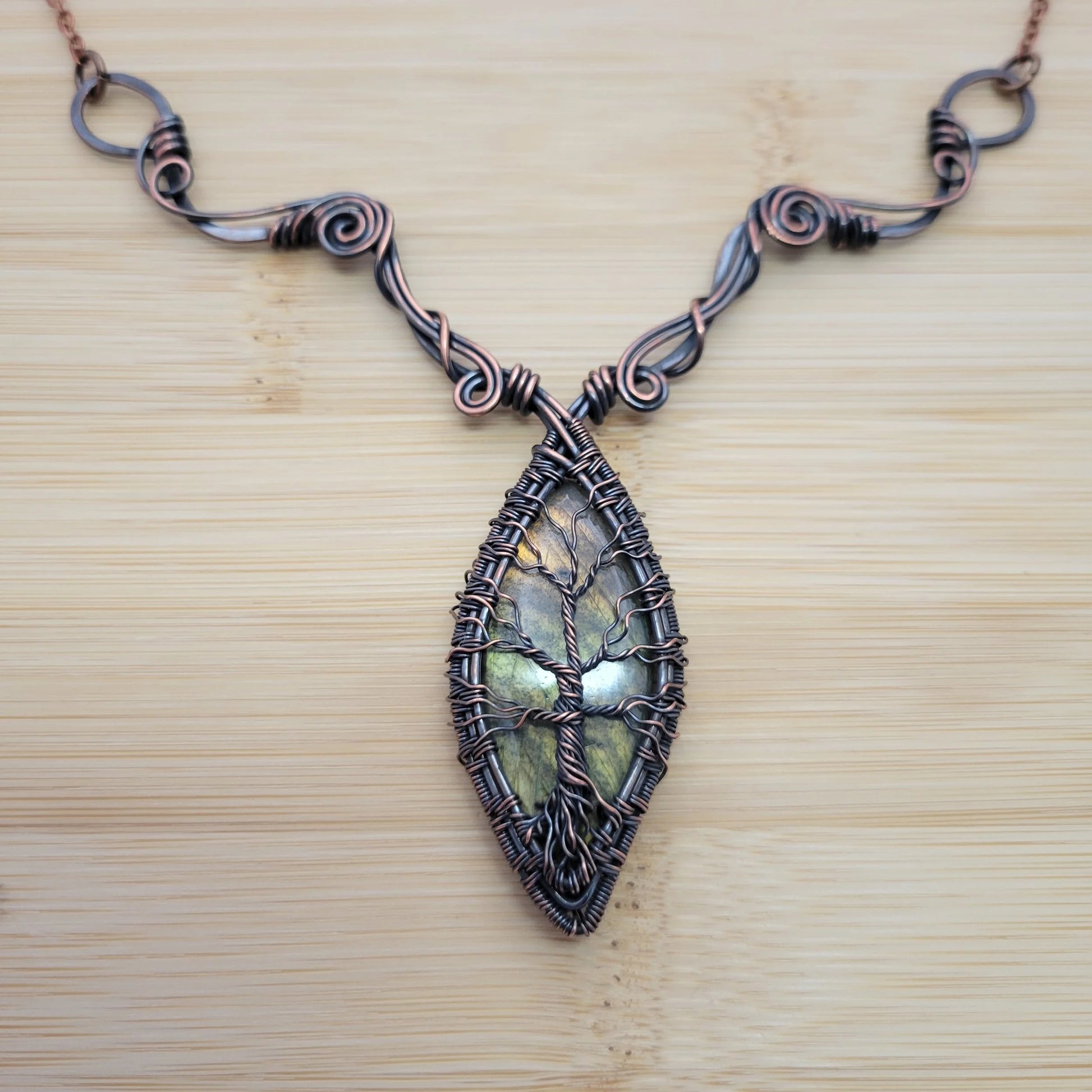 Handcrafted Labradorite Copper Tree of Life Pendant Necklace — side view