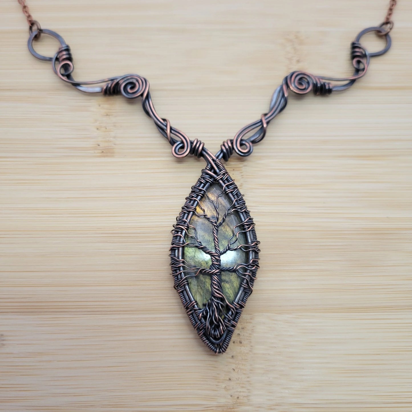 Handcrafted Labradorite Copper Tree of Life Pendant Necklace — detail view
