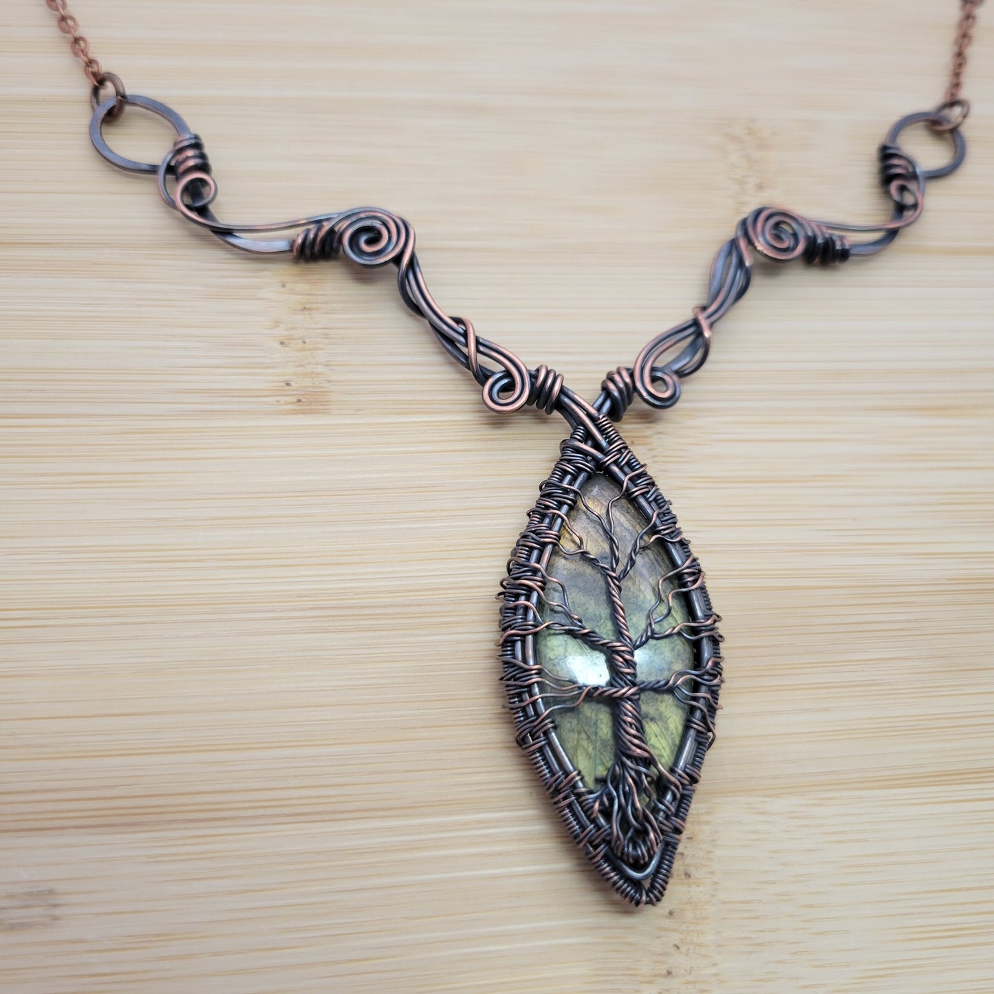 Handcrafted Labradorite Copper Tree of Life Pendant Necklace — reverse view