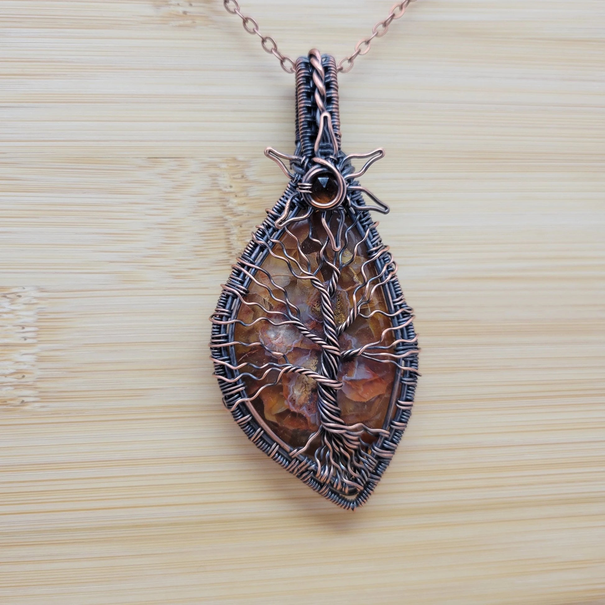 Handcrafted Desert Agate and Garnet Copper Tree of Life Pendant Necklace — reverse view