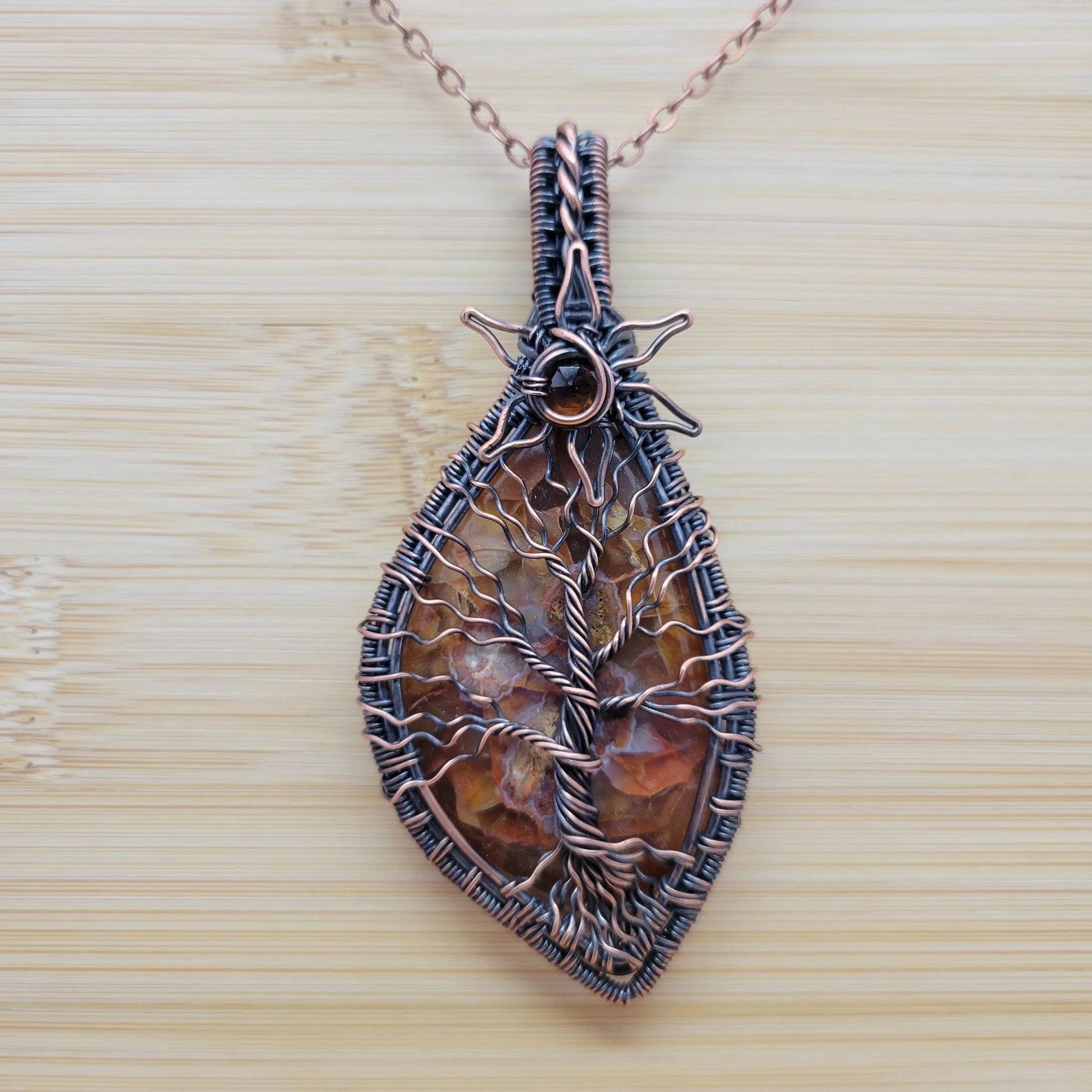 Handcrafted Desert Agate and Garnet Copper Tree of Life Pendant Necklace — detail view