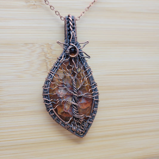 Handcrafted Desert Agate and Garnet Copper Tree of Life Pendant Necklace — front view