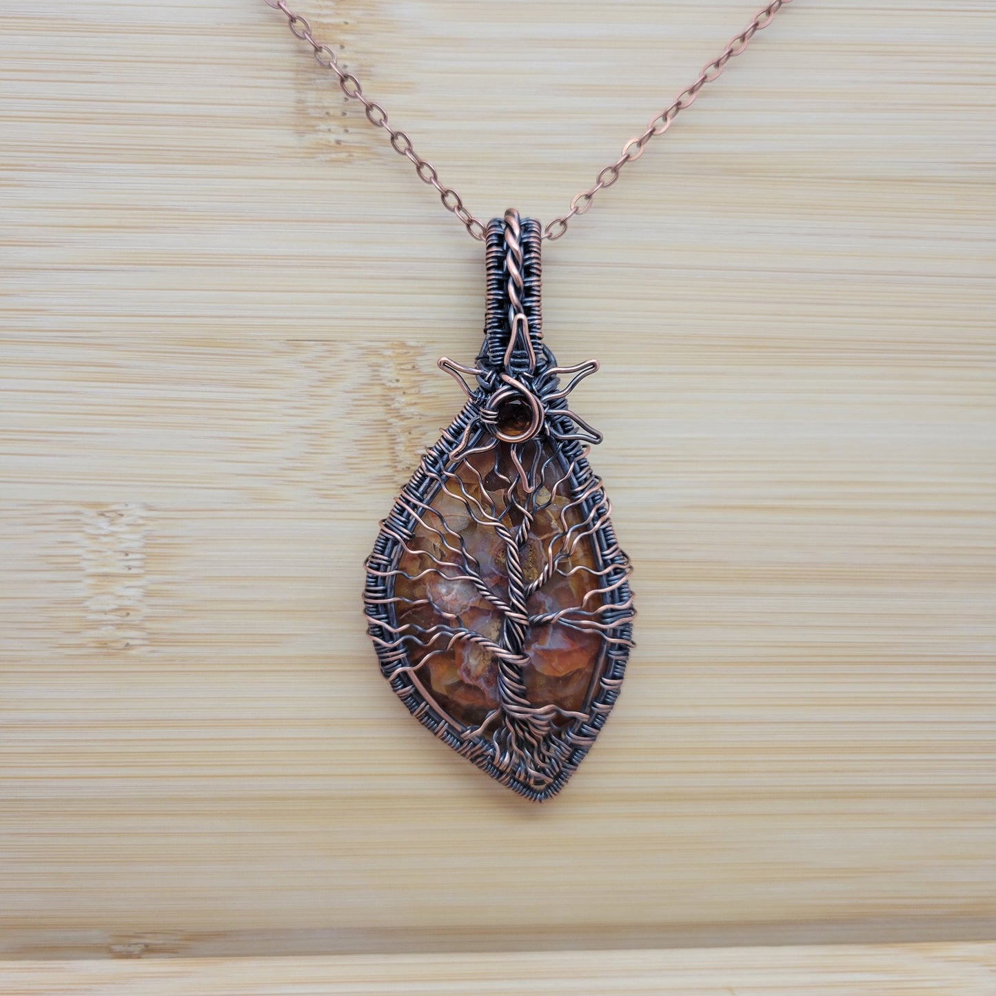 Handcrafted Desert Agate and Garnet Copper Tree of Life Pendant Necklace — close-up