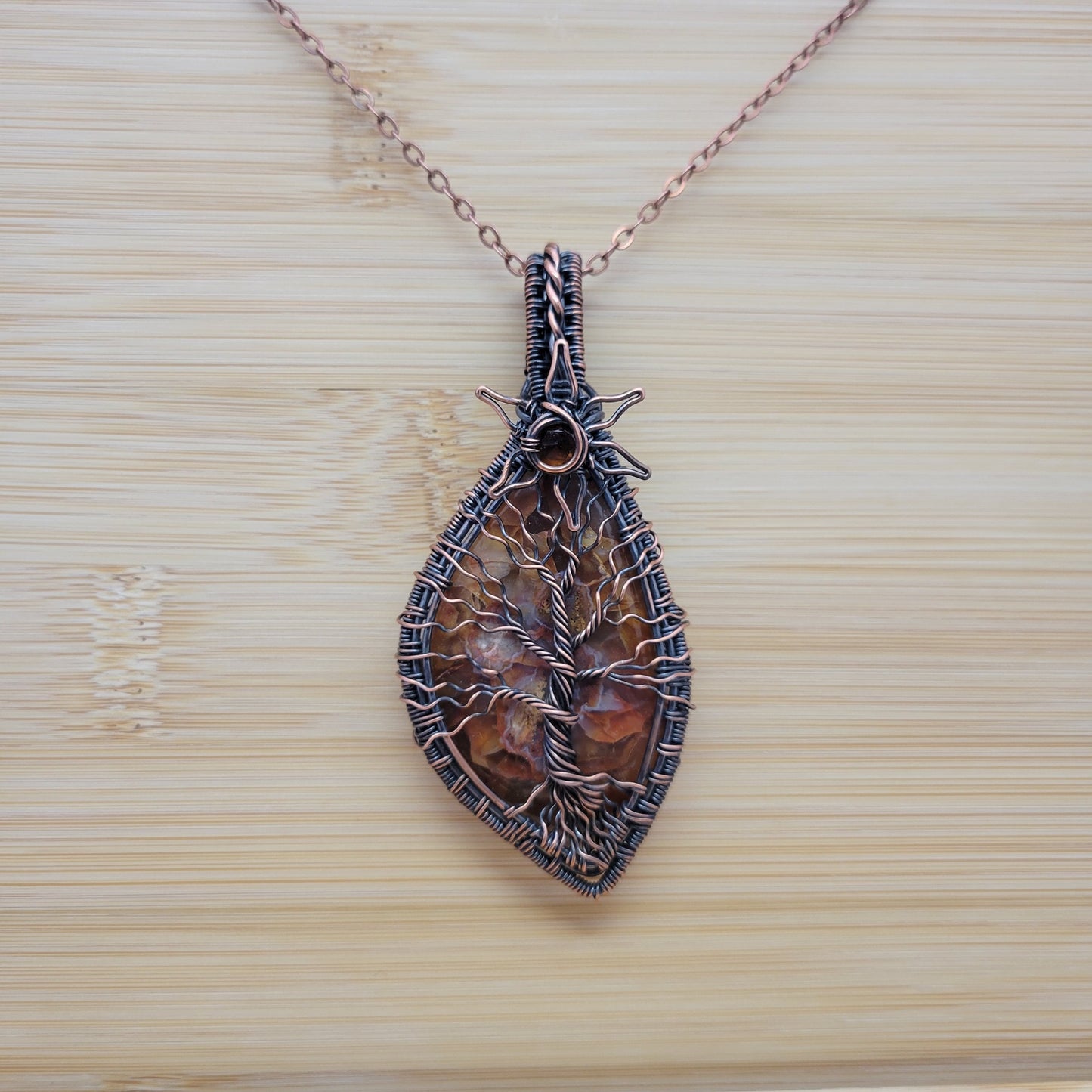 Handcrafted Desert Agate and Garnet Copper Tree of Life Pendant Necklace — product image 6