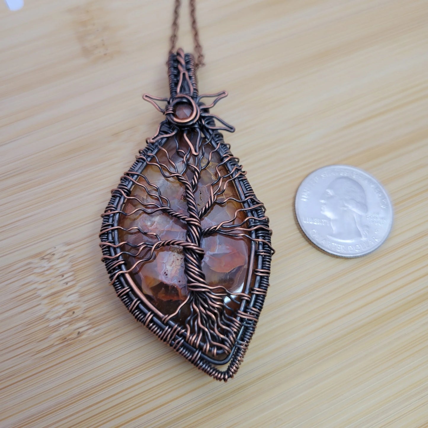 Handcrafted Desert Agate and Garnet Copper Tree of Life Pendant Necklace — product image 7