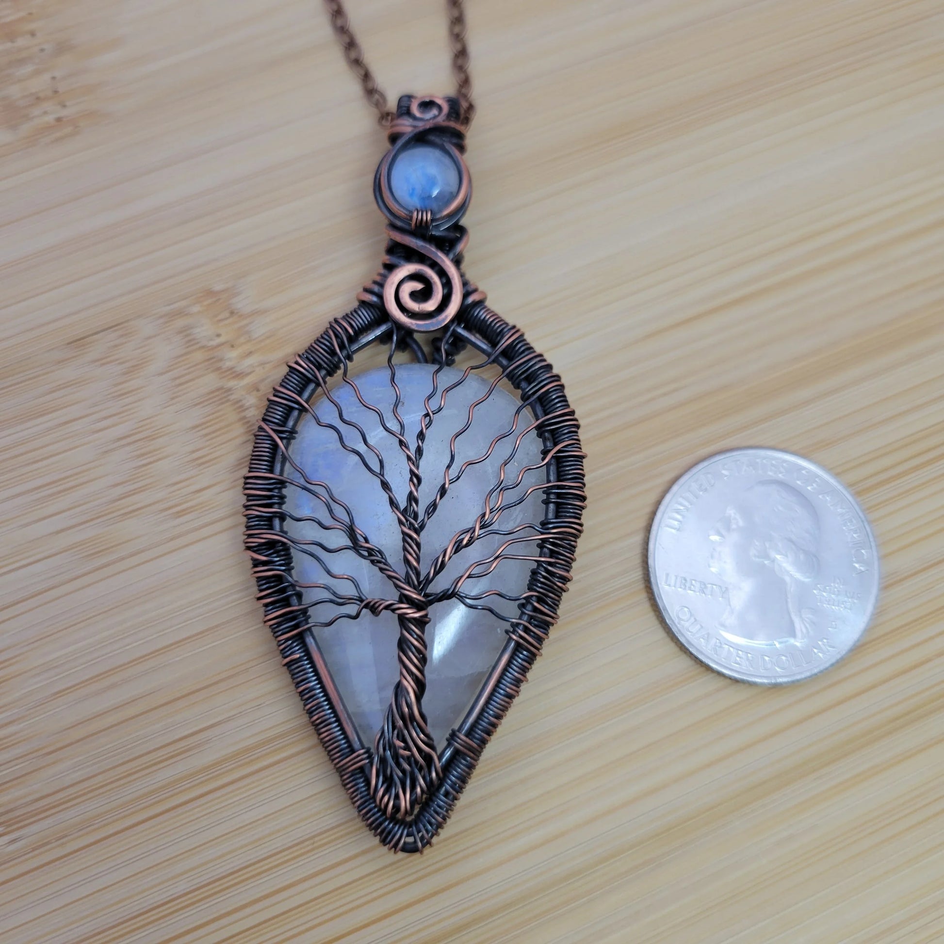 Handcrafted Rainbow Moonstone and Moonstone Copper Tree of Life Pendant Necklace — product image 8