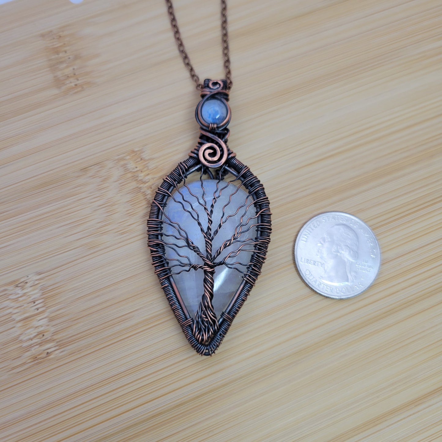 Handcrafted Rainbow Moonstone and Moonstone Copper Tree of Life Pendant Necklace — product image 9
