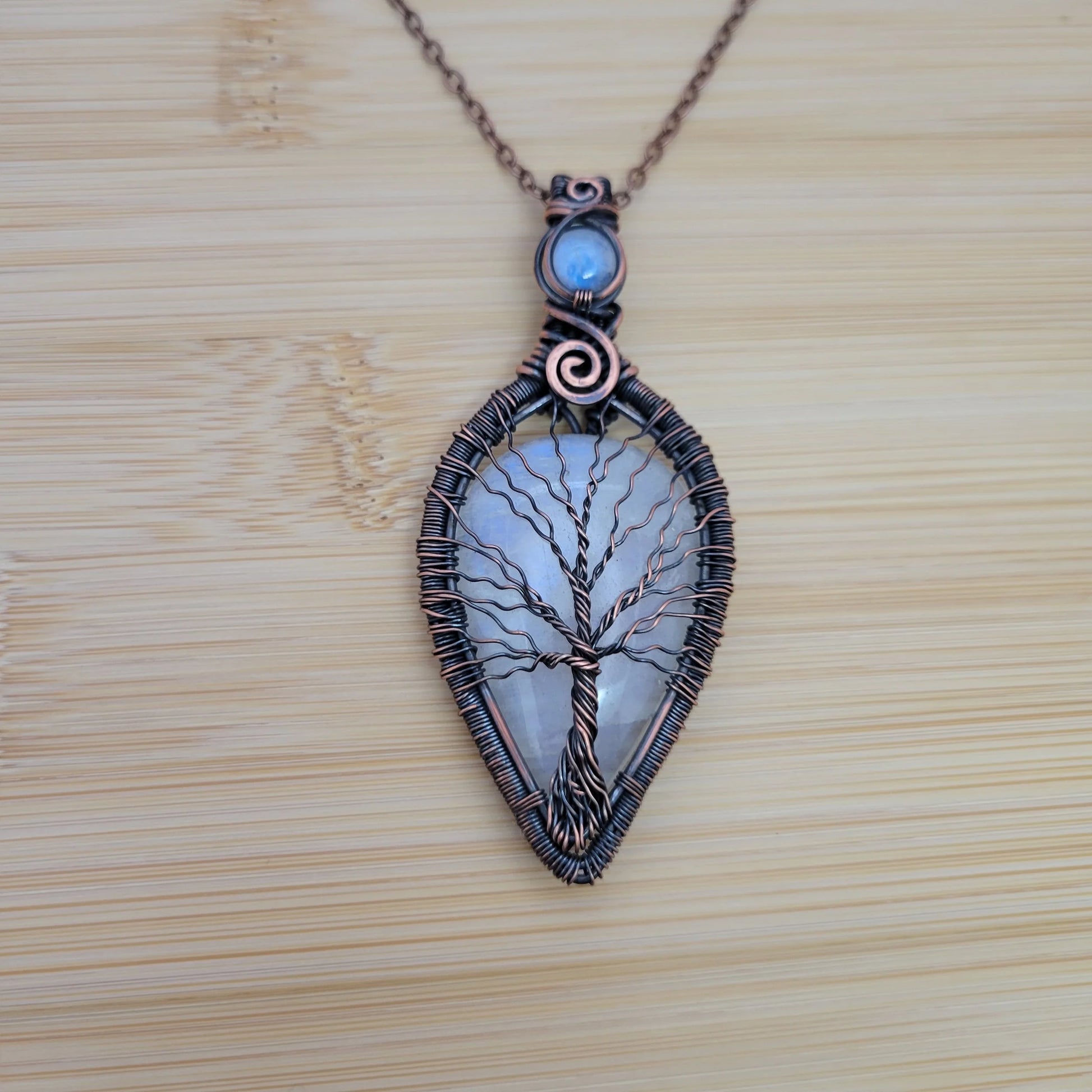 Handcrafted Rainbow Moonstone and Moonstone Copper Tree of Life Pendant Necklace — product image 7