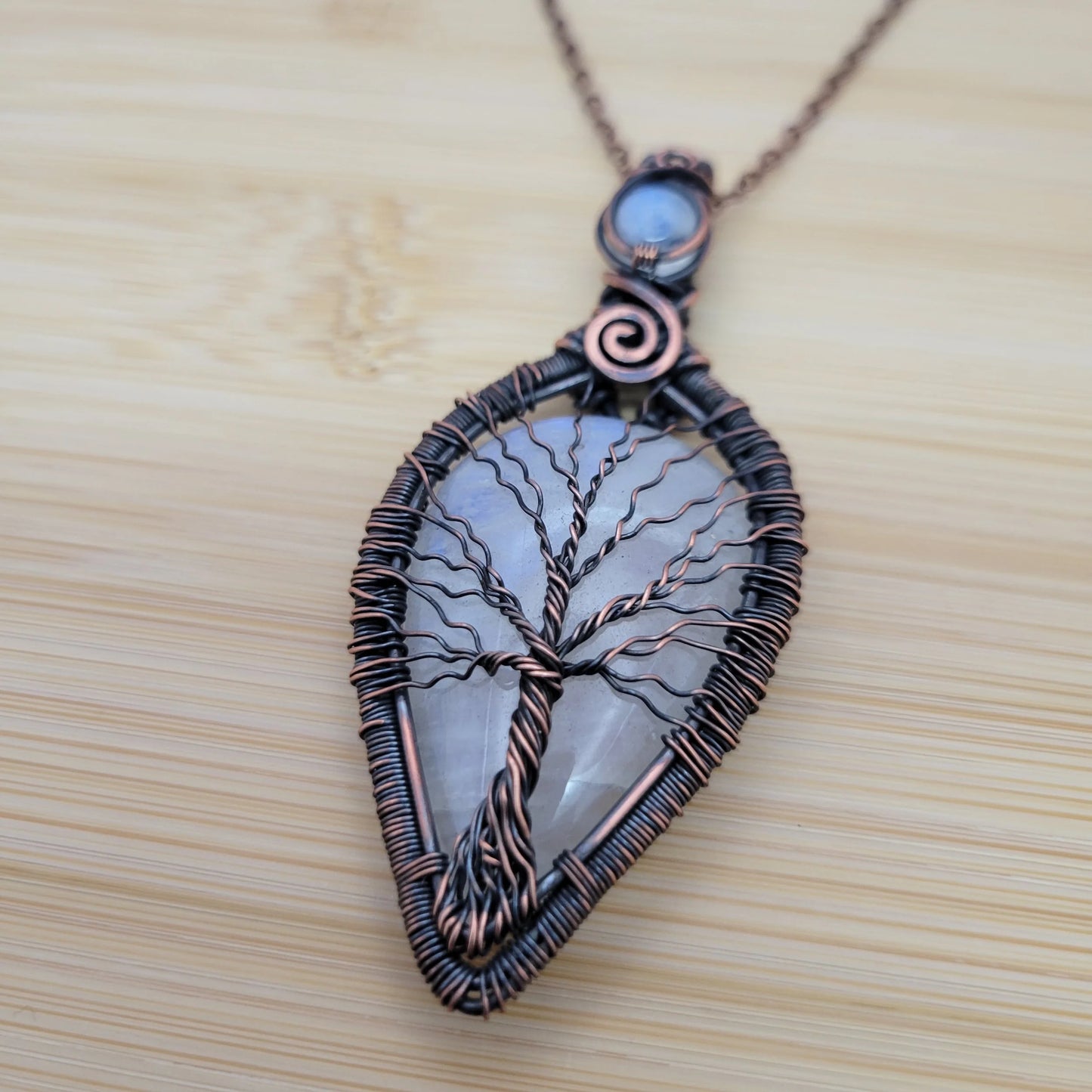 Handcrafted Rainbow Moonstone and Moonstone Copper Tree of Life Pendant Necklace — side view