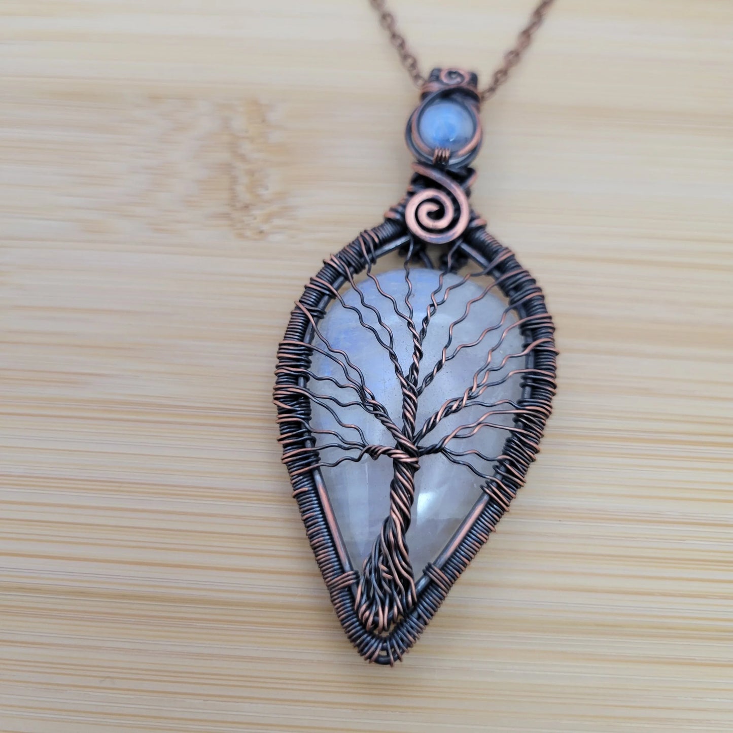Handcrafted Rainbow Moonstone and Moonstone Copper Tree of Life Pendant Necklace — close-up