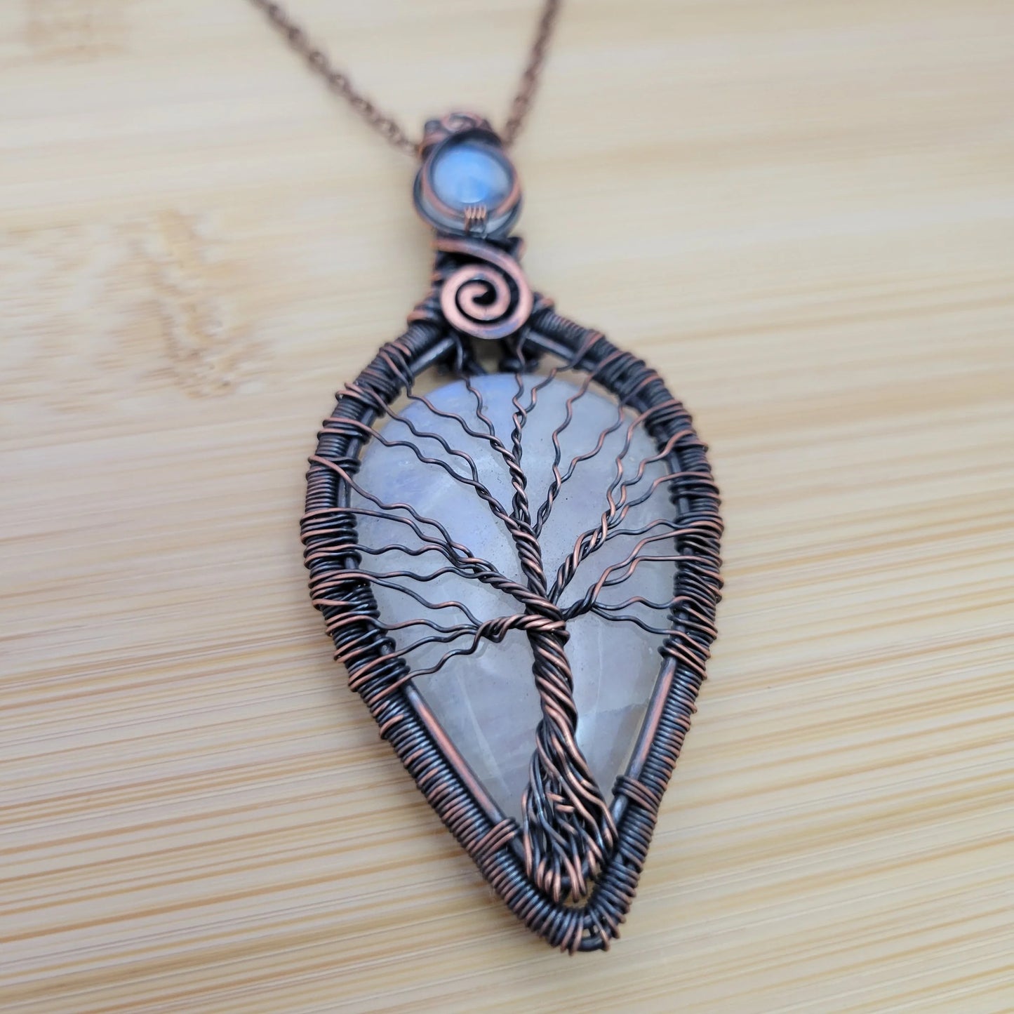 Handcrafted Rainbow Moonstone and Moonstone Copper Tree of Life Pendant Necklace — front view