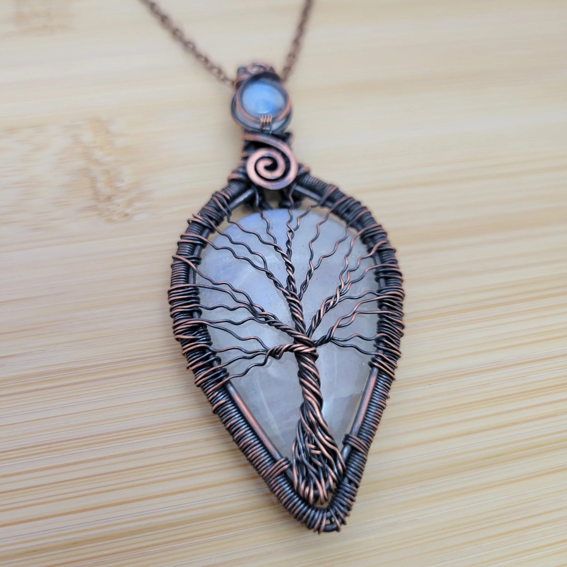 Handcrafted Rainbow Moonstone and Moonstone Copper Tree of Life Pendant Necklace — front view