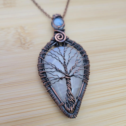 Handcrafted Rainbow Moonstone and Moonstone Copper Tree of Life Pendant Necklace — front view