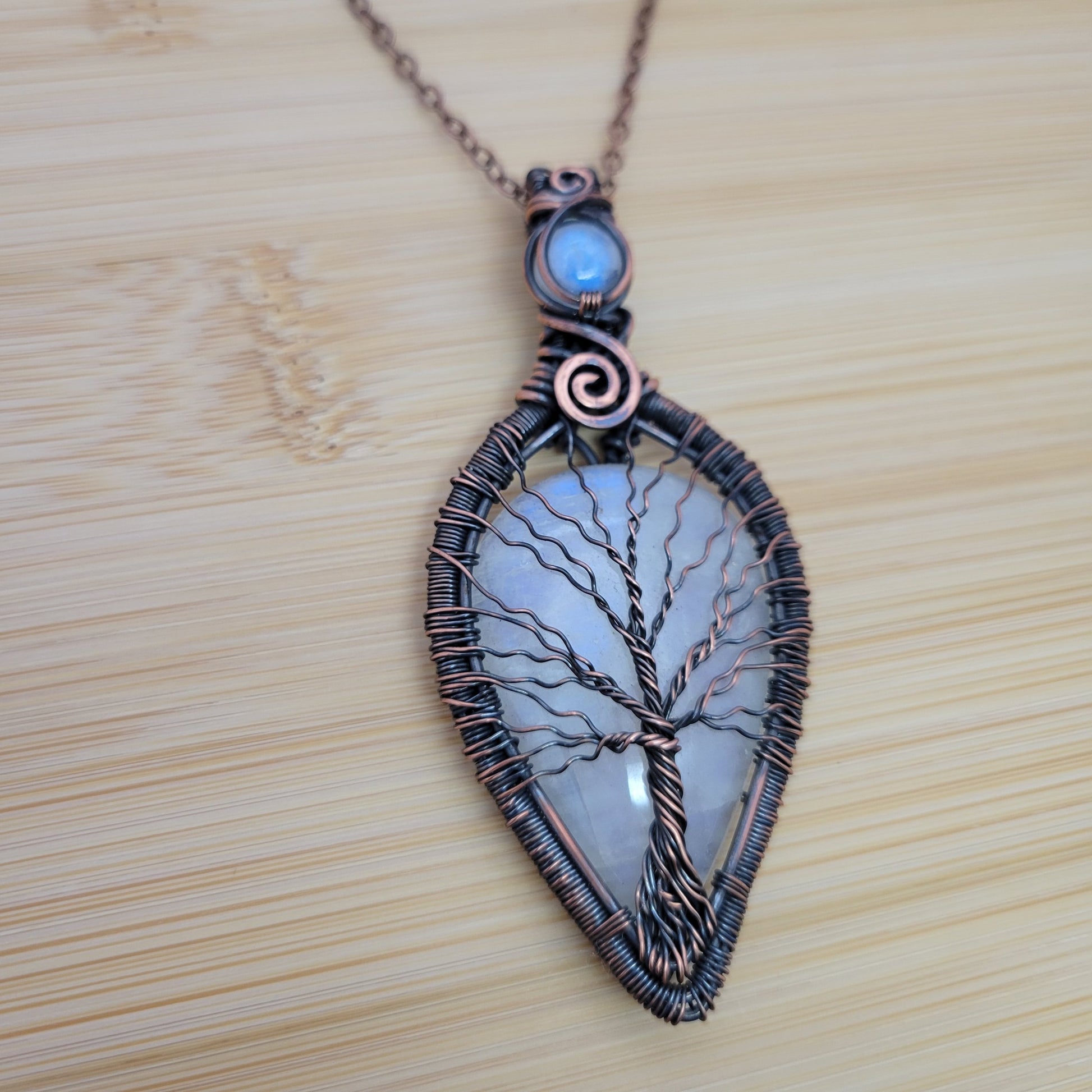 Handcrafted Rainbow Moonstone and Moonstone Copper Tree of Life Pendant Necklace — reverse view