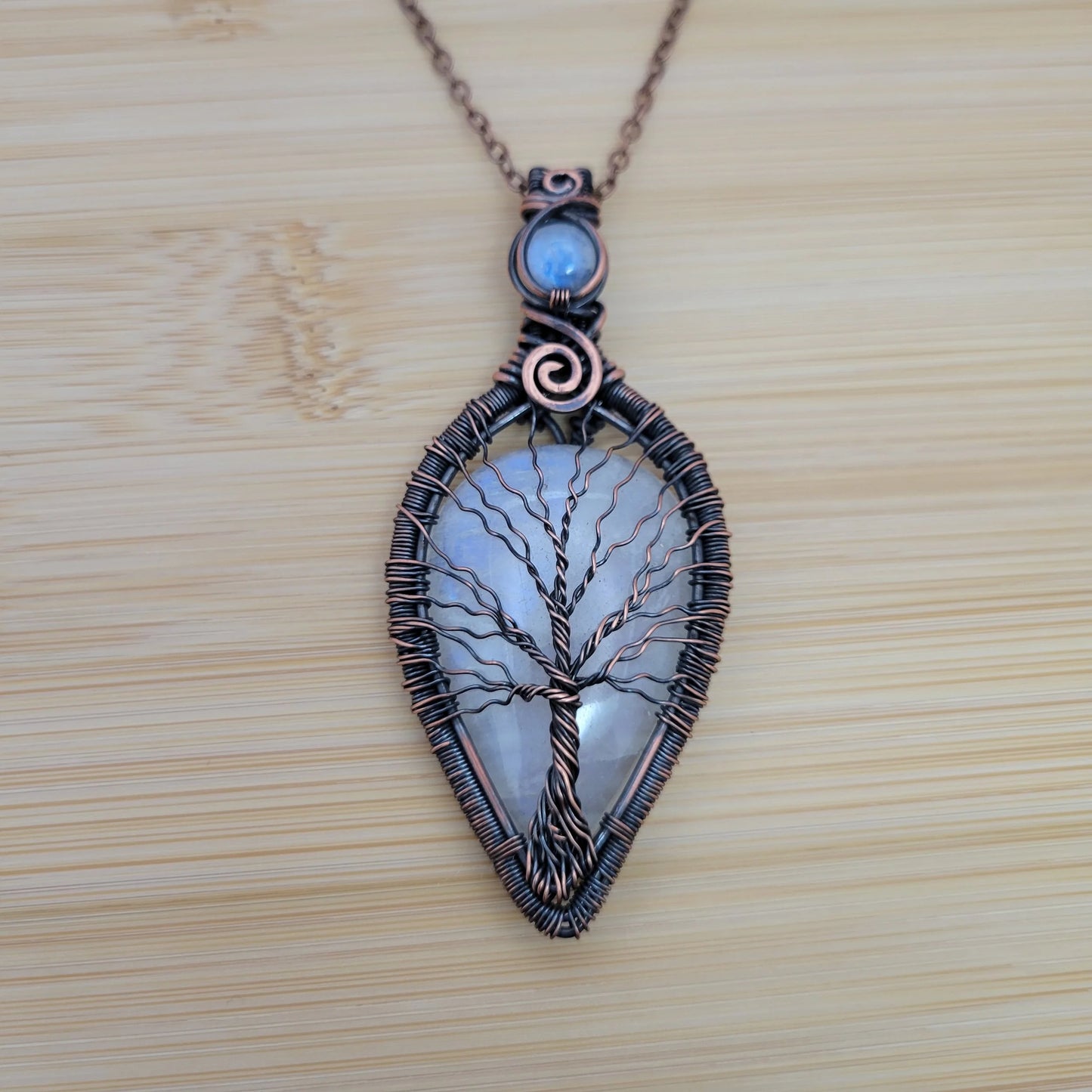 Handcrafted Rainbow Moonstone and Moonstone Copper Tree of Life Pendant Necklace — detail view