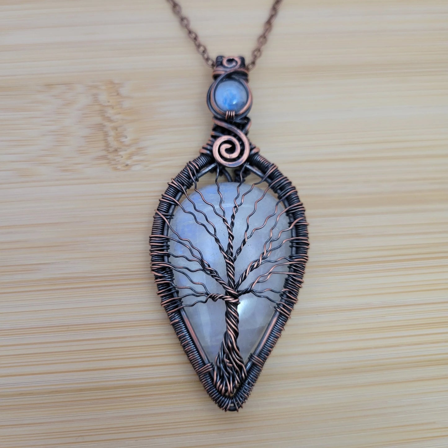 Handcrafted Rainbow Moonstone and Moonstone Copper Tree of Life Pendant Necklace — product image 6