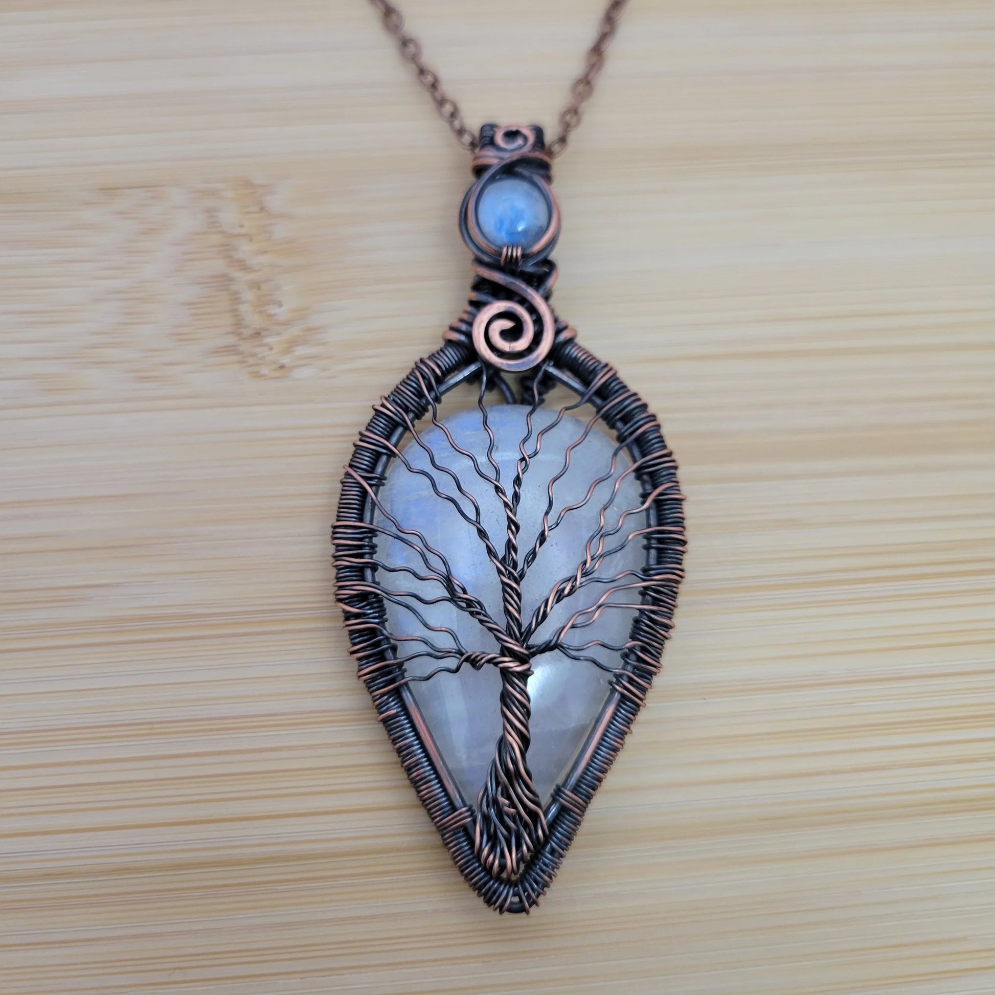 Handcrafted Rainbow Moonstone and Moonstone Copper Tree of Life Pendant Necklace — product image 6