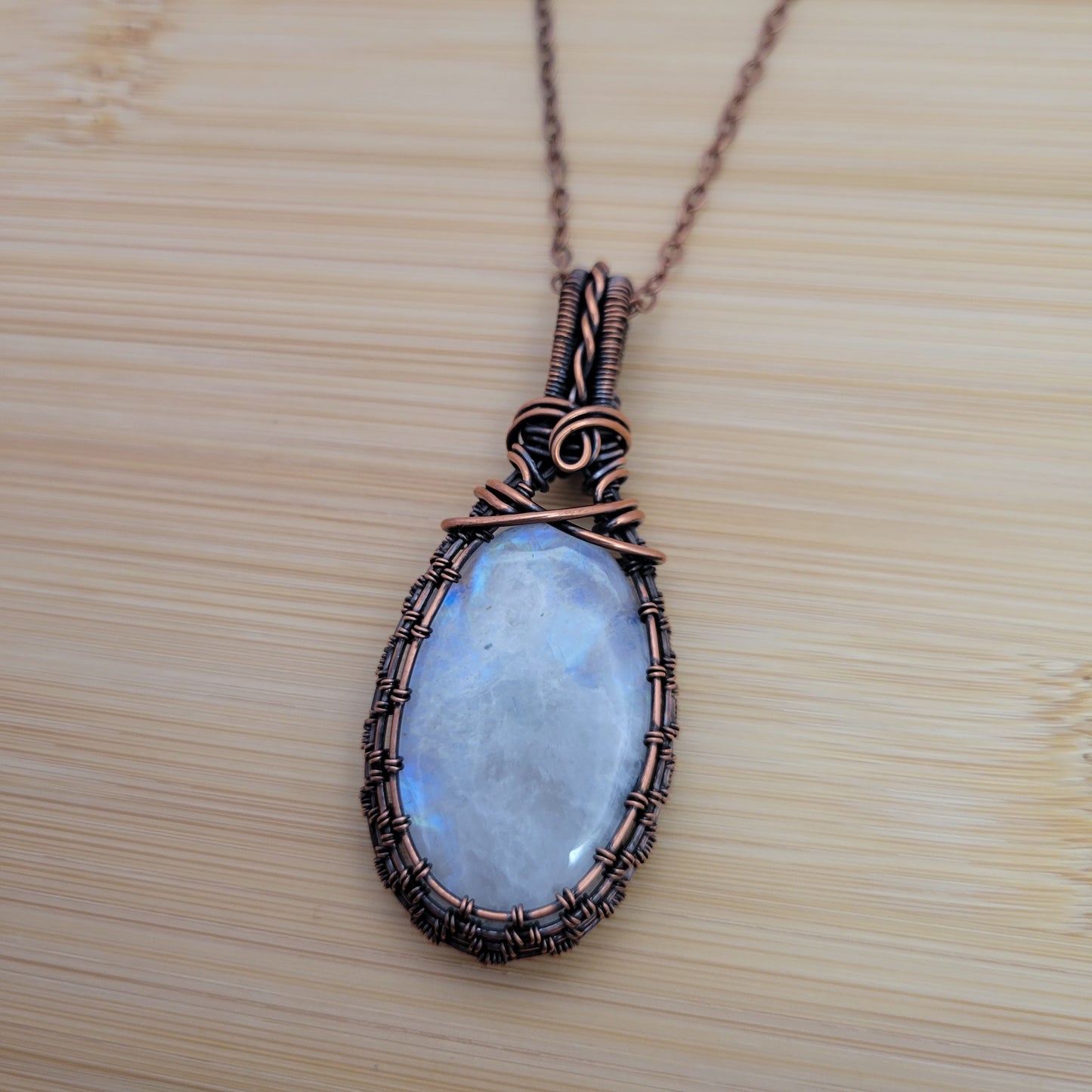 Handcrafted Rainbow Moonstone and Moonstone Copper Pendant Necklace — reverse view