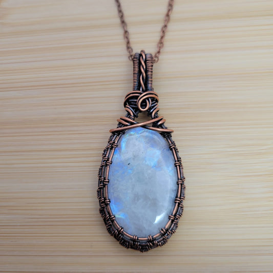 Handcrafted Rainbow Moonstone and Moonstone Copper Pendant Necklace — front view